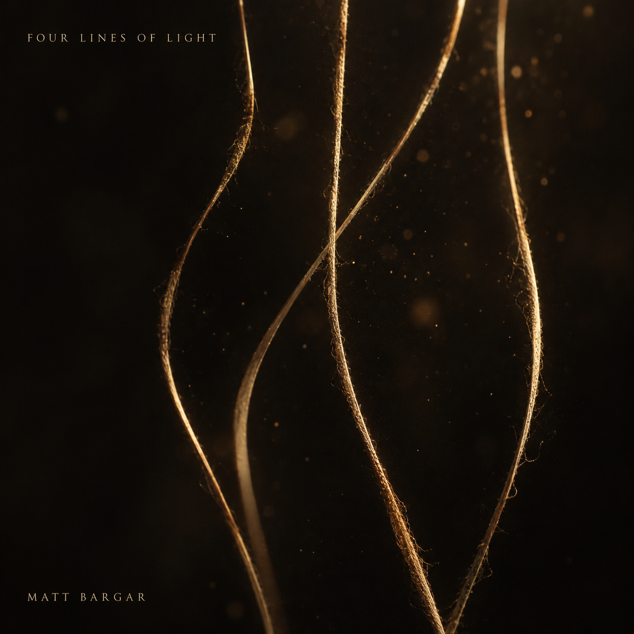 Four fine gold threads crossing in warm black space; Four Lines of Light by MATT BARGAR
