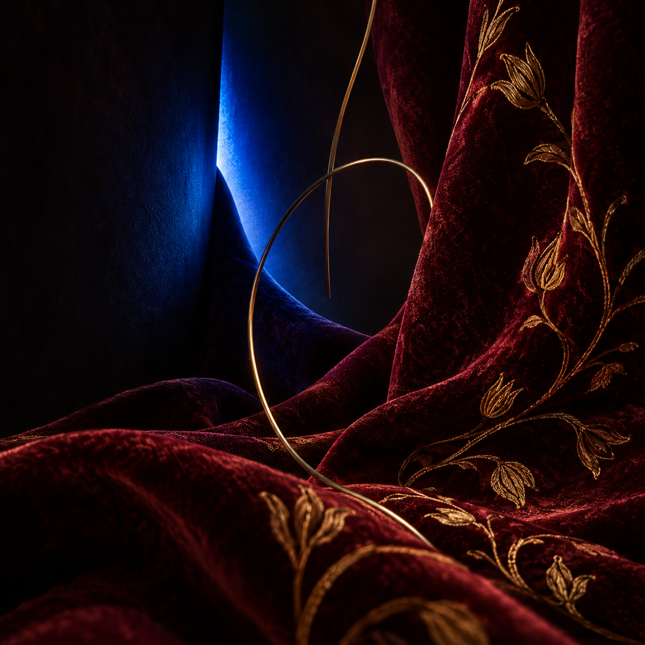 Folded oxblood velvet and embroidered gold leaves, lit by a cobalt glow